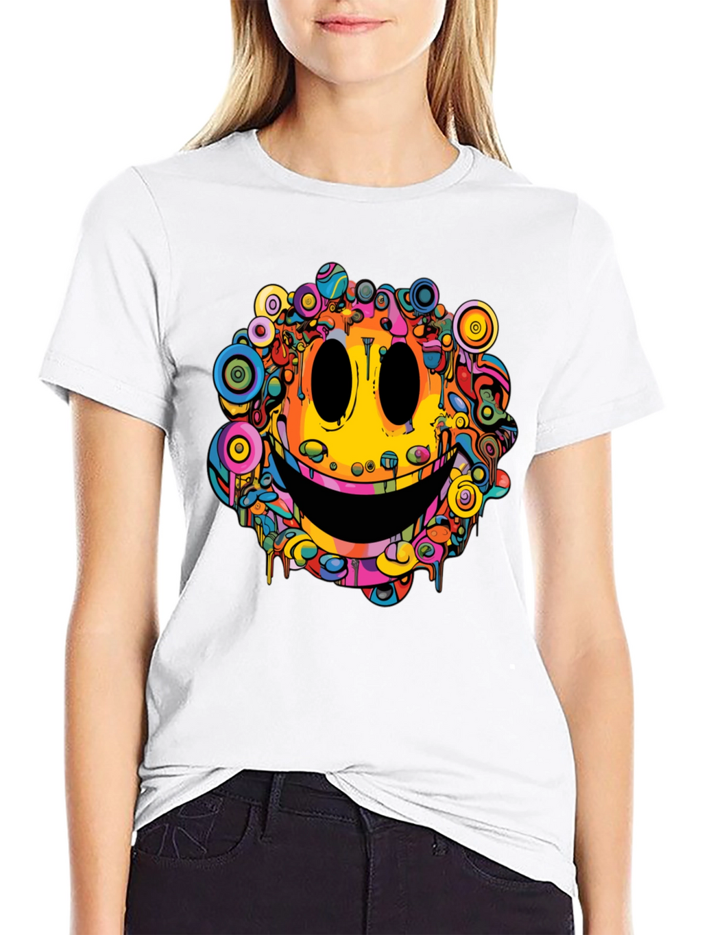 Psychedelic Smiley Face Graphic Tee - Black