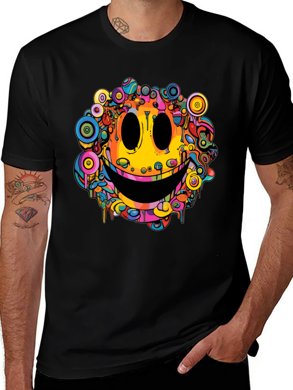 Psychedelic Smiley Face Graphic Tee - Black