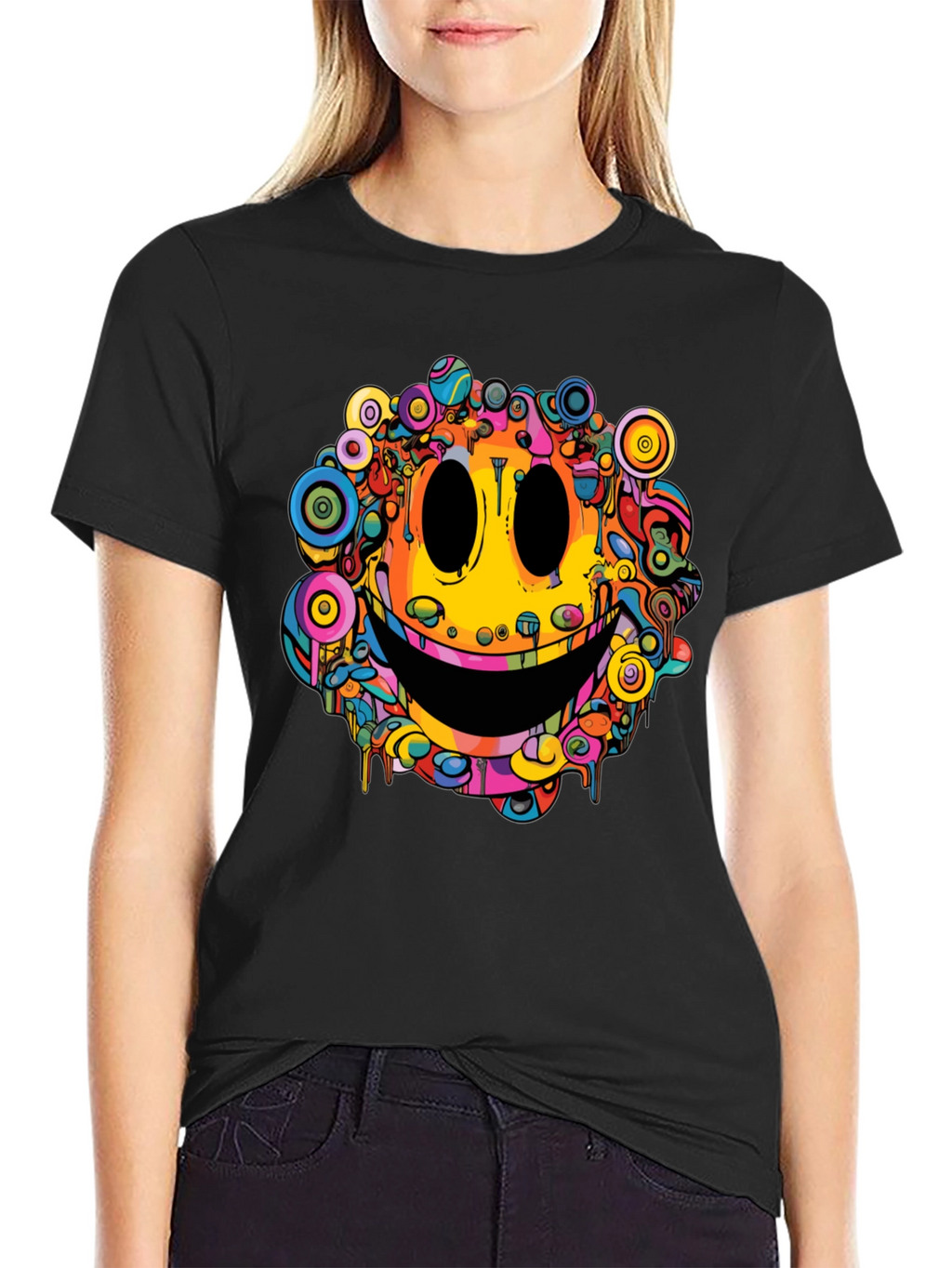 Psychedelic Smiley Face Graphic Tee - Black
