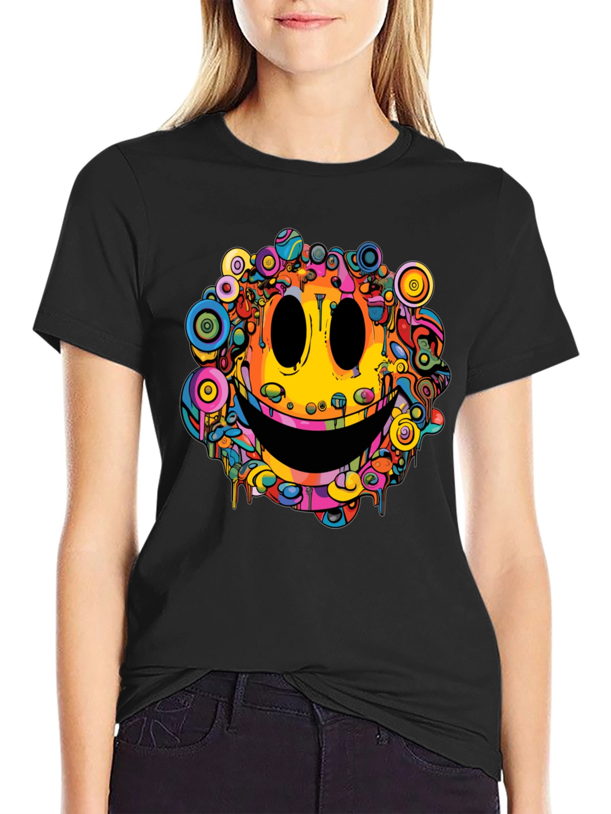 Psychedelic Smiley Face Graphic Tee - Black