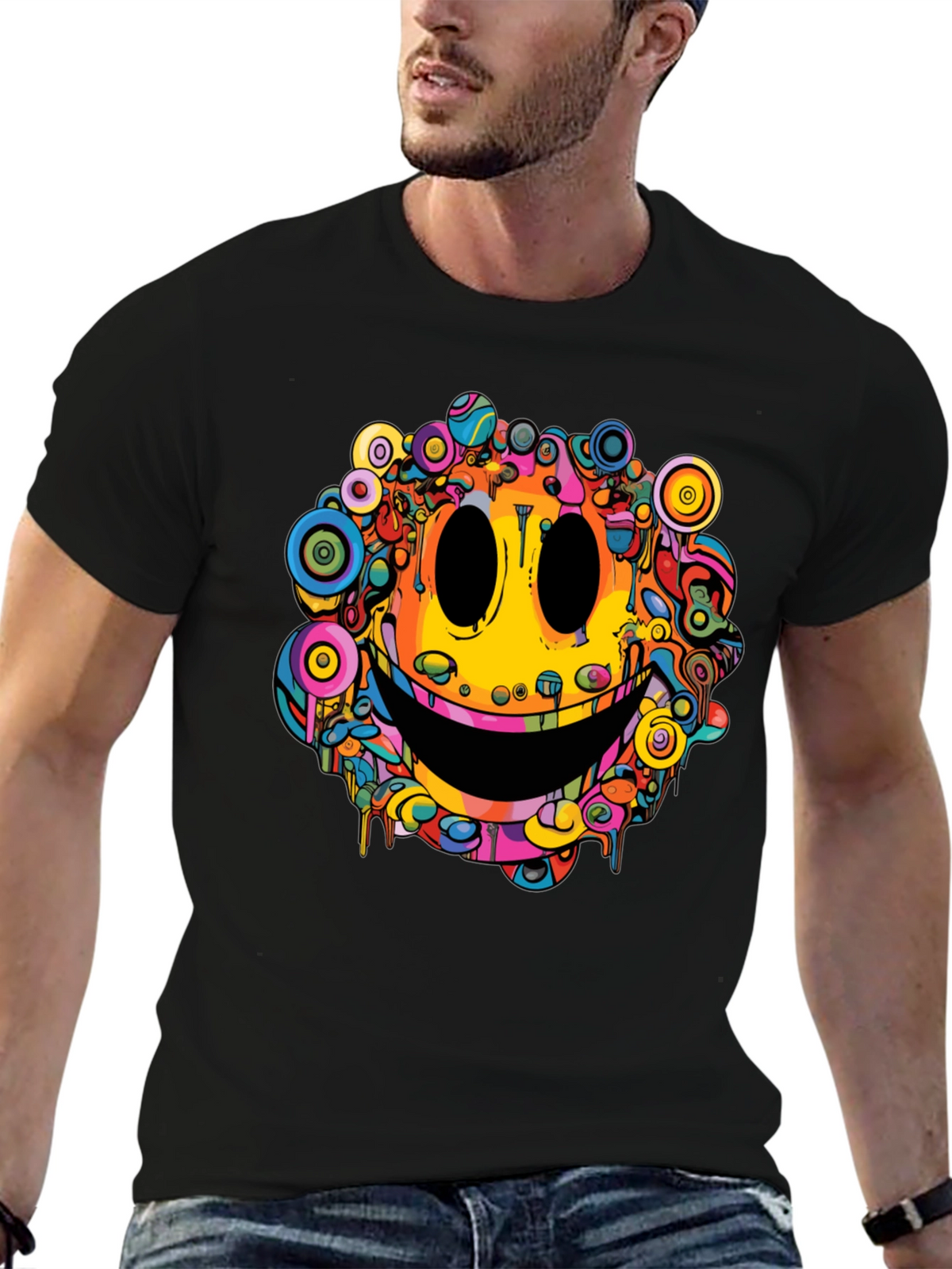 Psychedelic Smiley Face Graphic Tee - Black