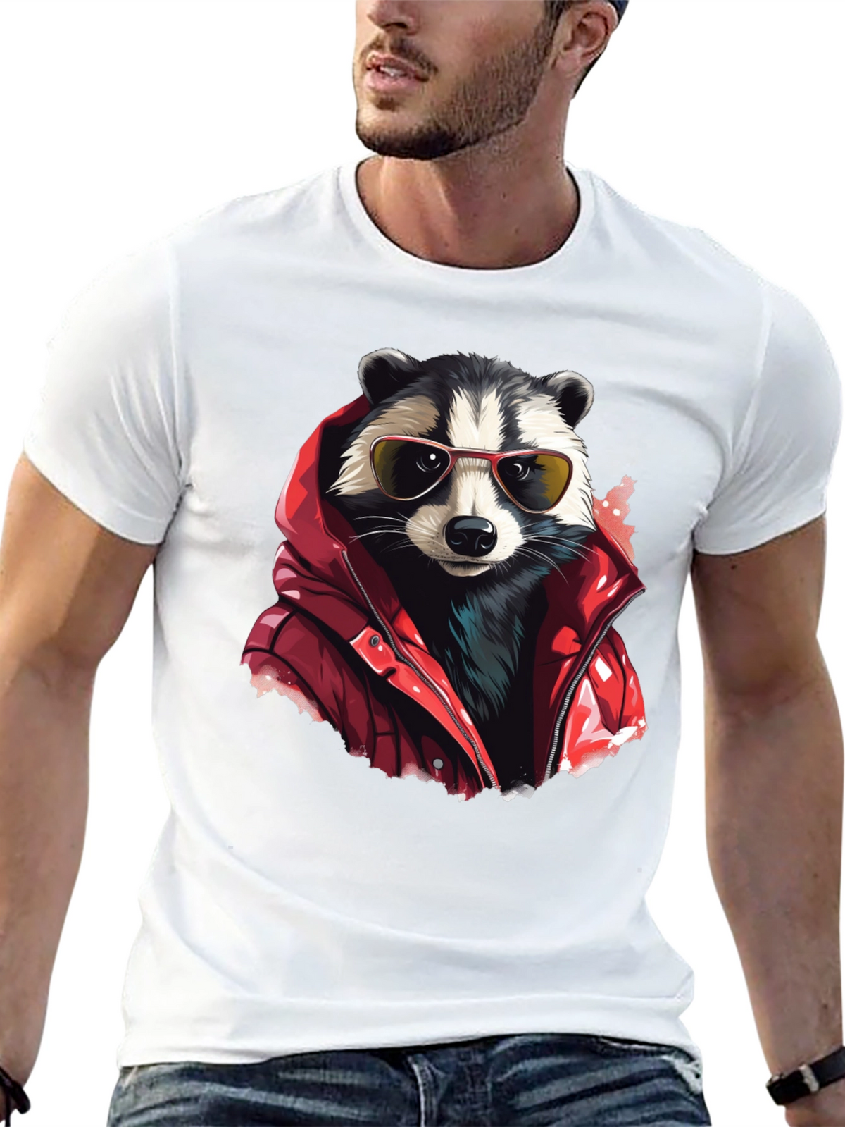 Raccoon in Red Jacket Graphic T-Shirt