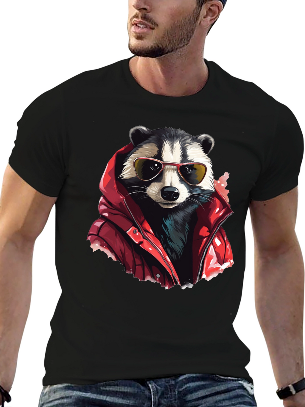 Raccoon in Red Jacket Graphic T-Shirt