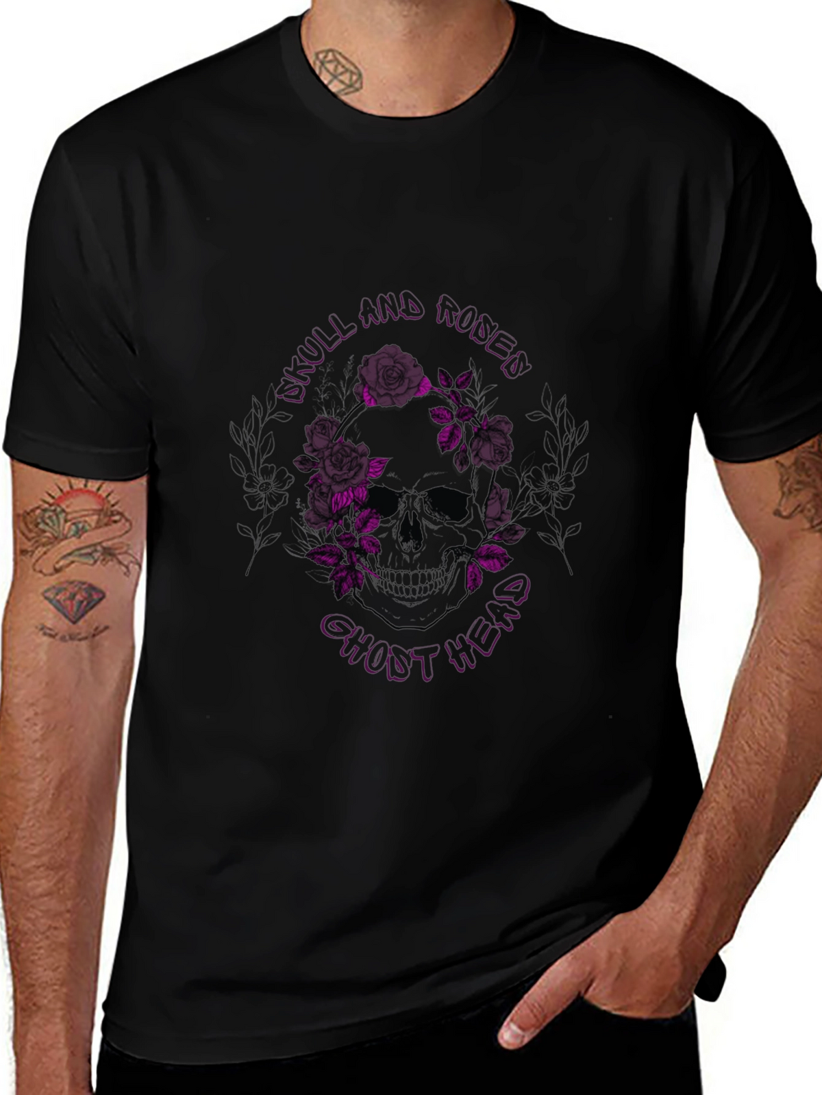 Skull & Roses Graphic Print Black T-Shirt