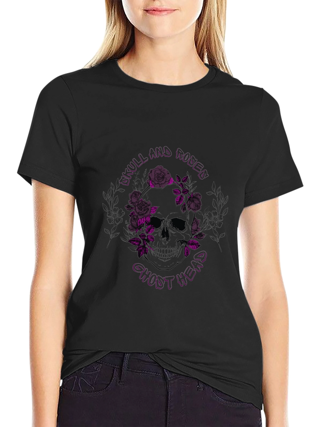 Skull & Roses Graphic Print Black T-Shirt