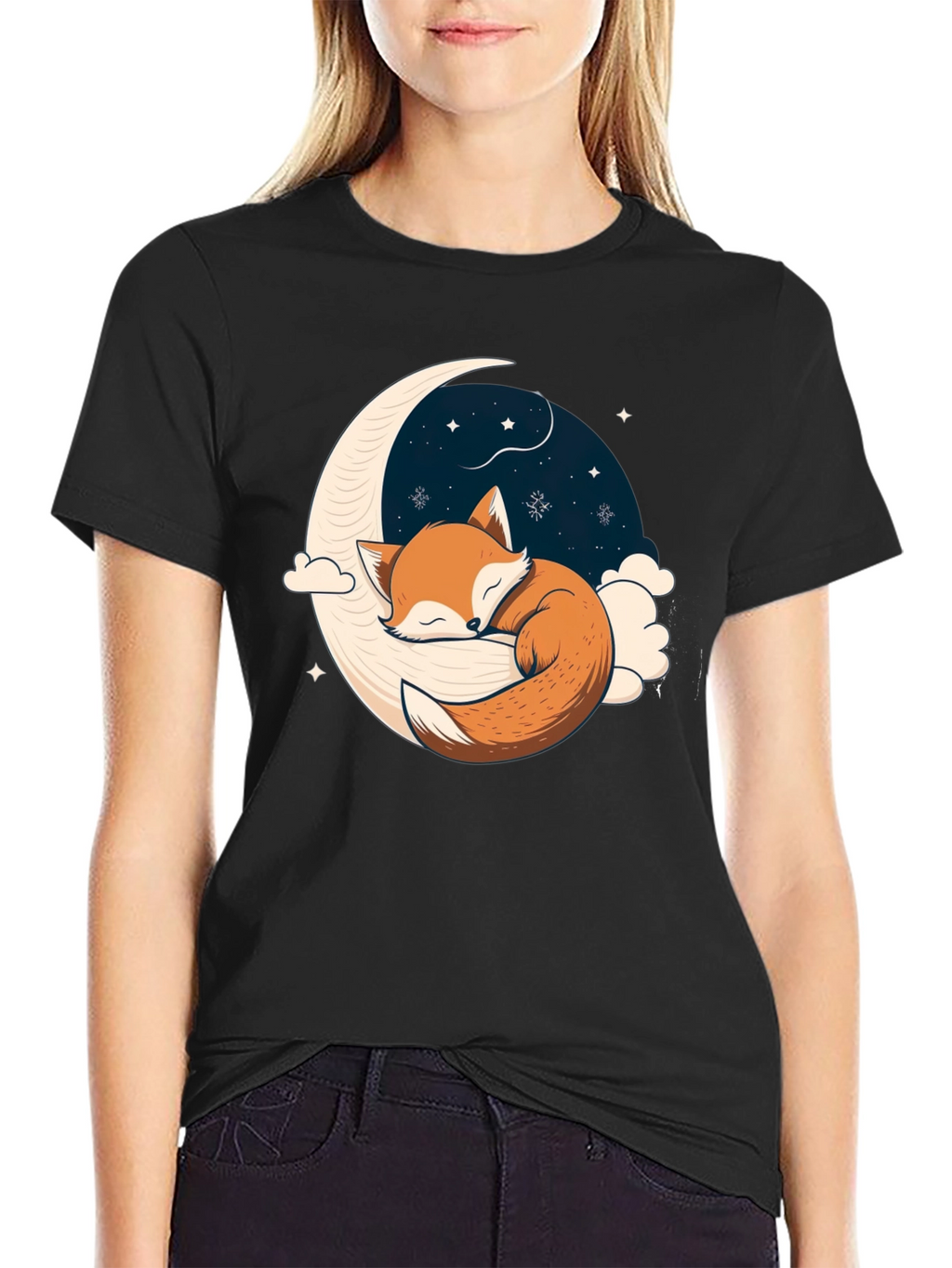 Fox Sleeping on Crescent Moon T-Shirt