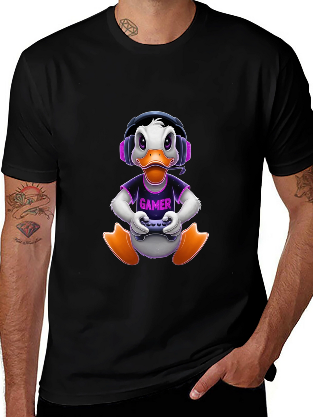 Gamer Duck Graphic Tee - Black Cotton T-Shirt