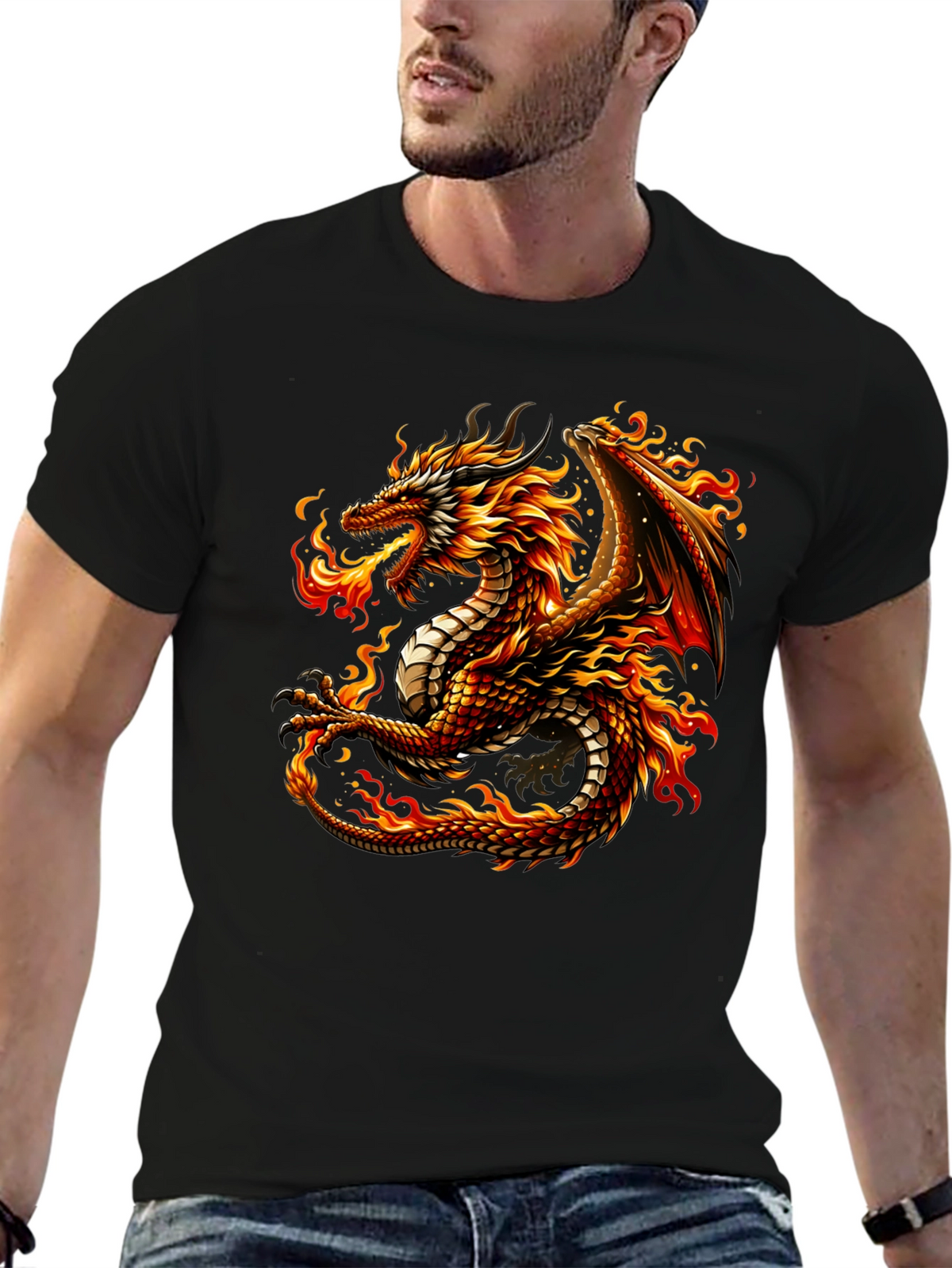 Fiery Dragon Graphic Tee - Black Cotton Comfort