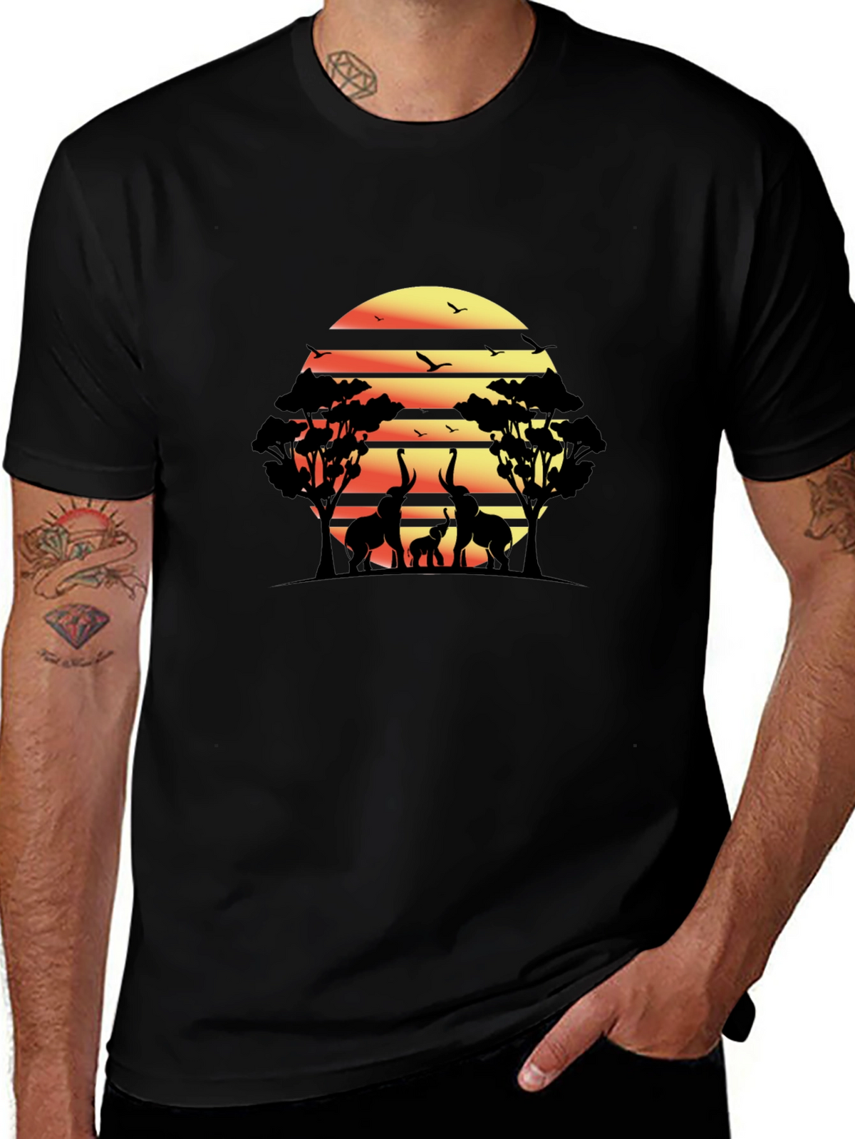 African Sunset Elephant Graphic Tee - Black