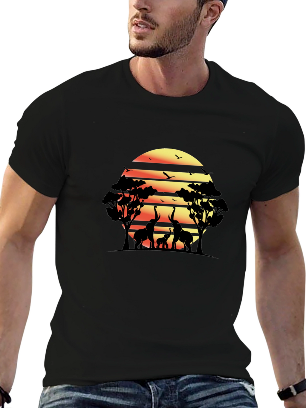 African Sunset Elephant Graphic Tee - Black