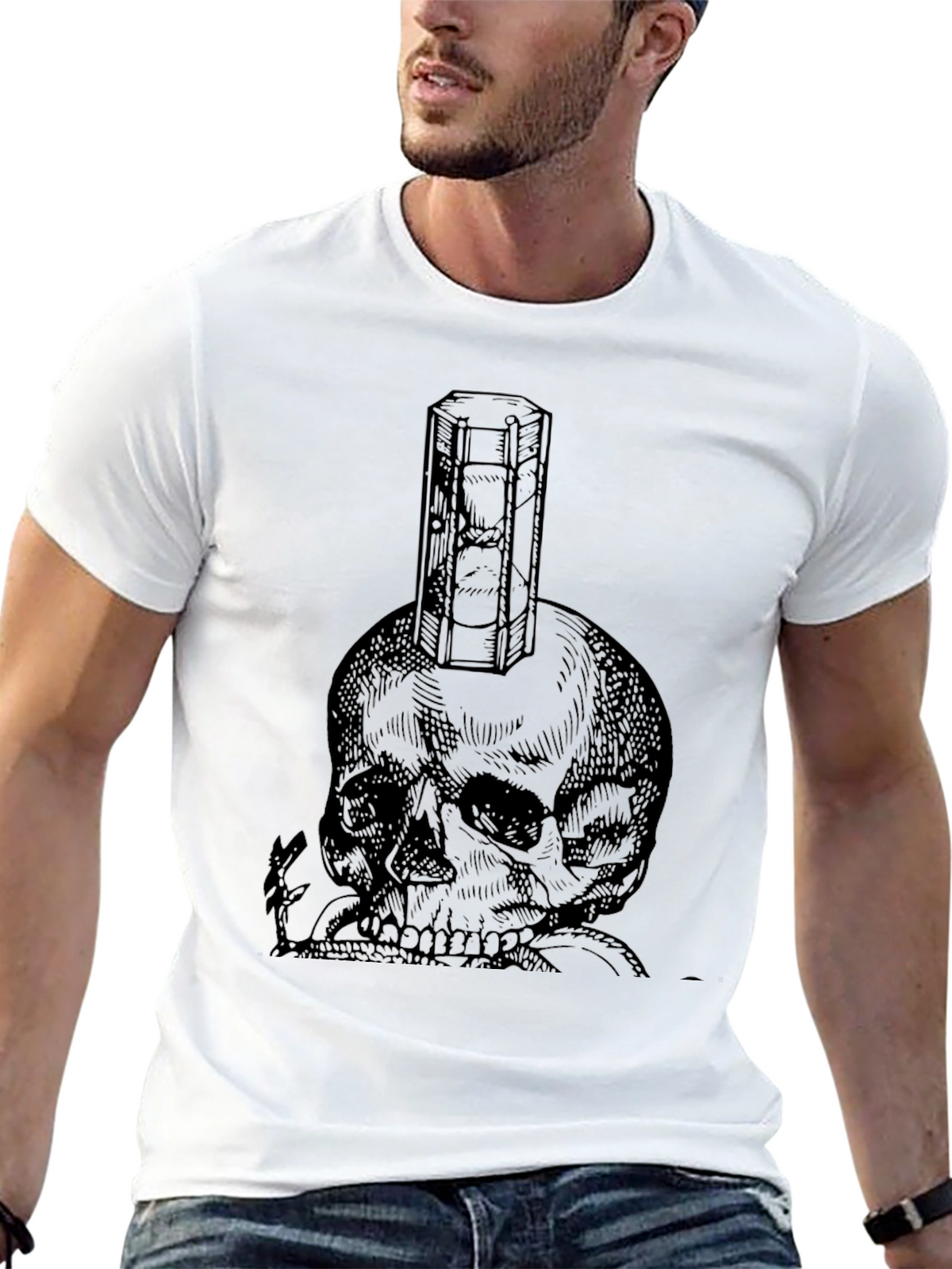 Skull & Hourglass Graphic Tee - Black Cotton
