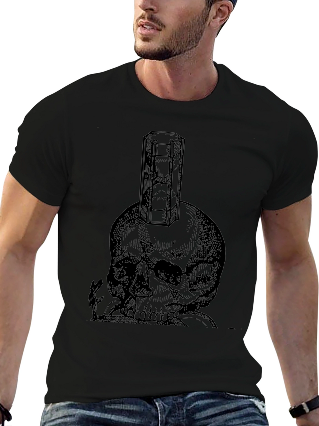Skull & Hourglass Graphic Tee - Black Cotton