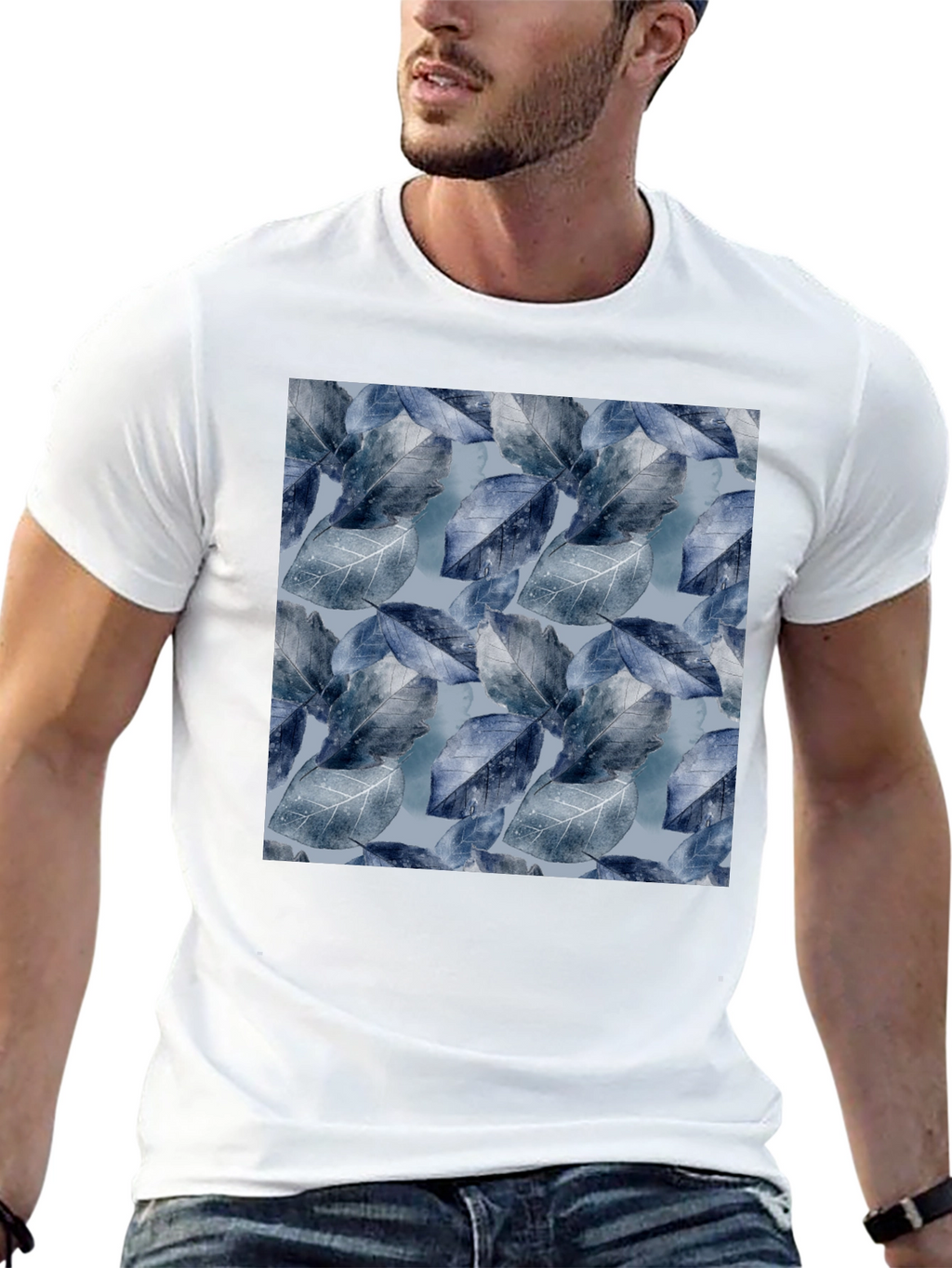 Blue Leaf Pattern Crew Neck Tee