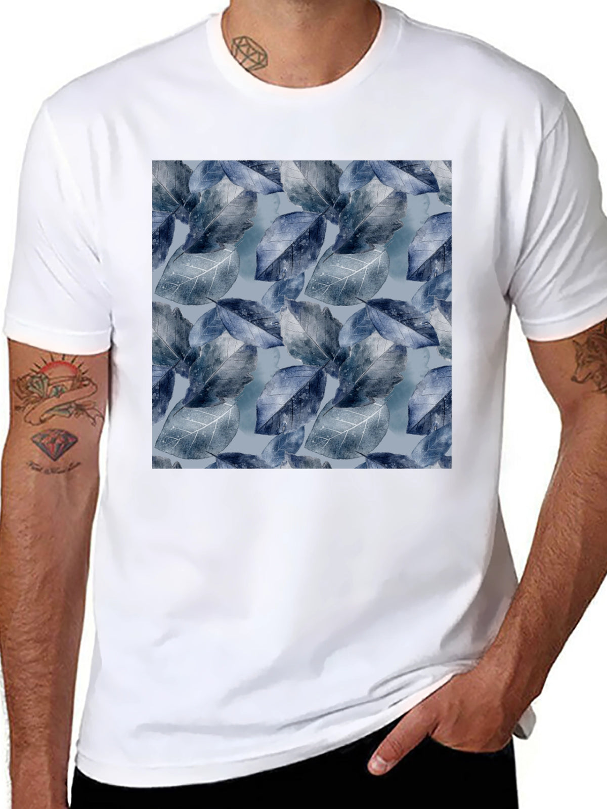 Blue Leaf Pattern Crew Neck Tee
