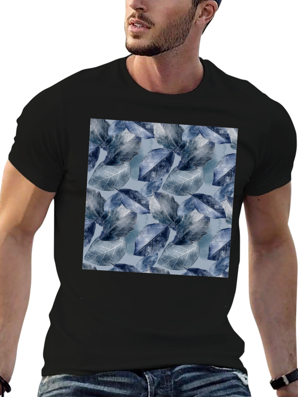 Blue Leaf Pattern Crew Neck Tee