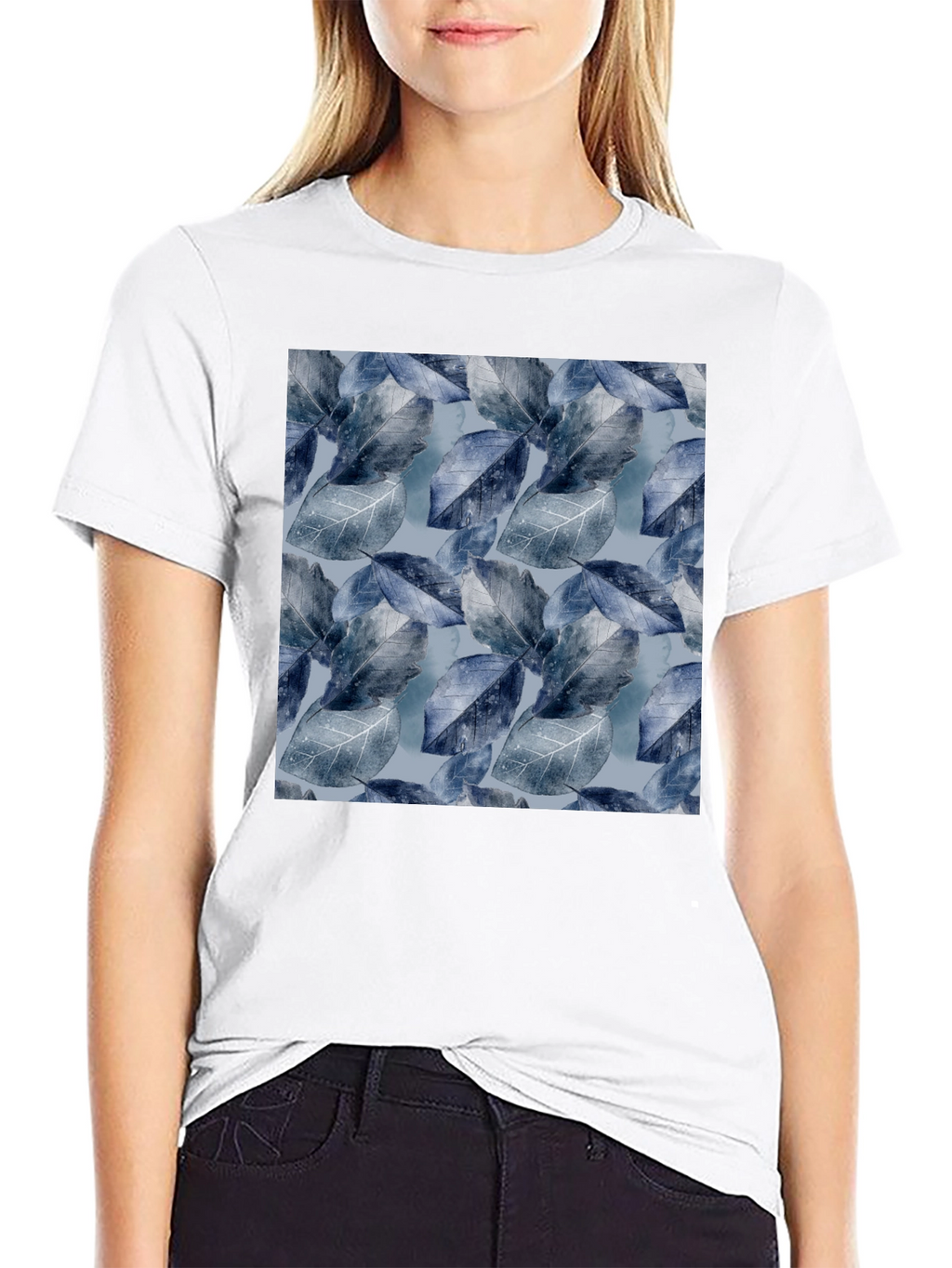 Blue Leaf Pattern Crew Neck Tee