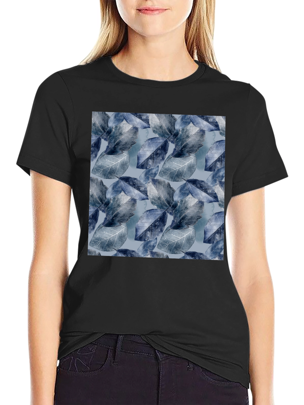 Blue Leaf Pattern Crew Neck Tee
