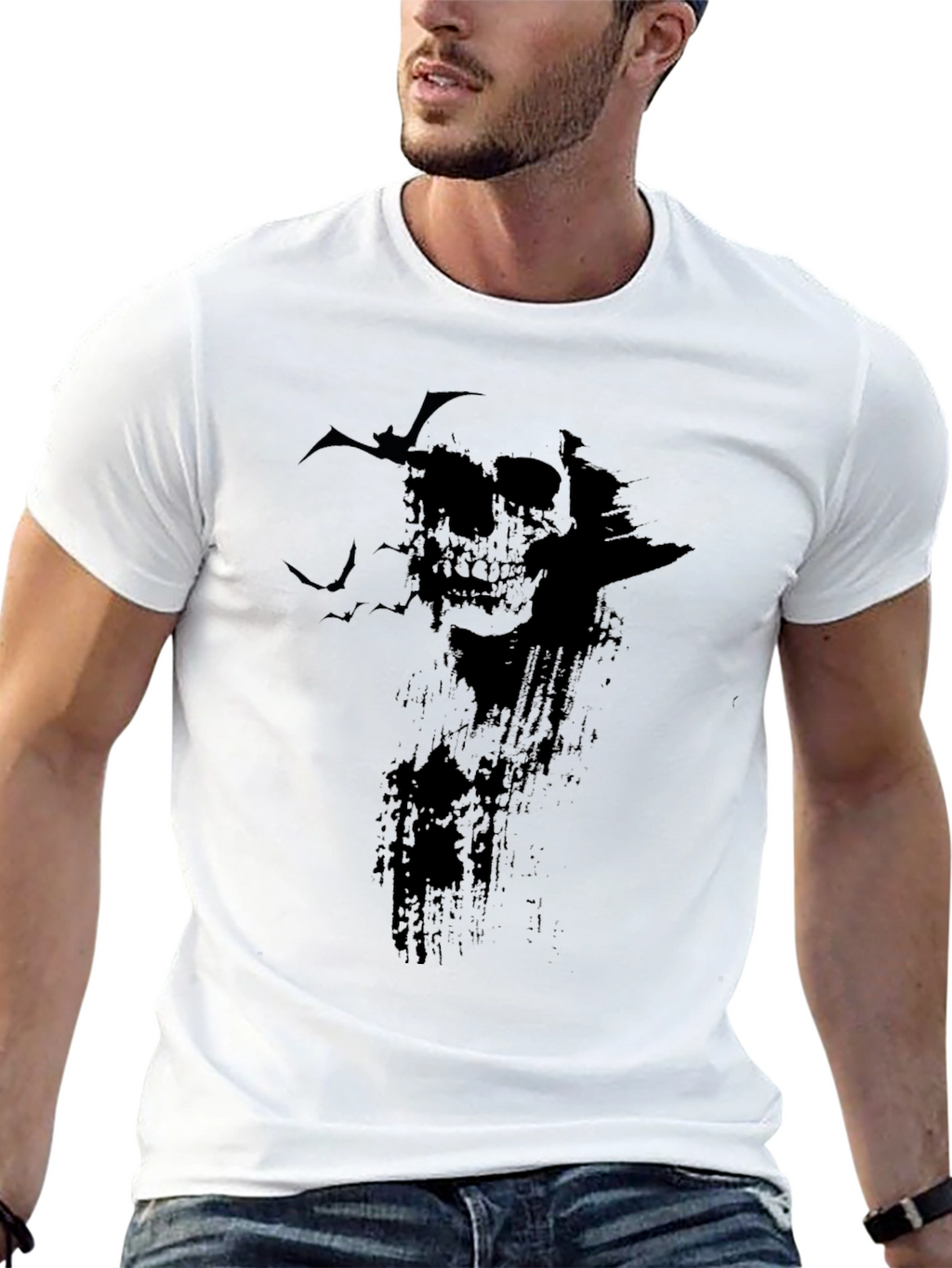 Skull & Bats Graphic Print T-Shirt - Black