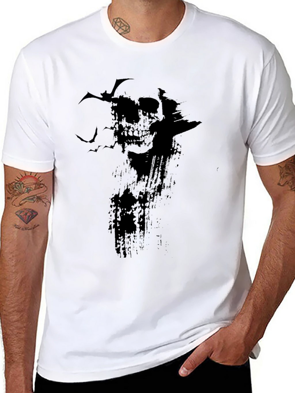 Skull & Bats Graphic Print T-Shirt - Black