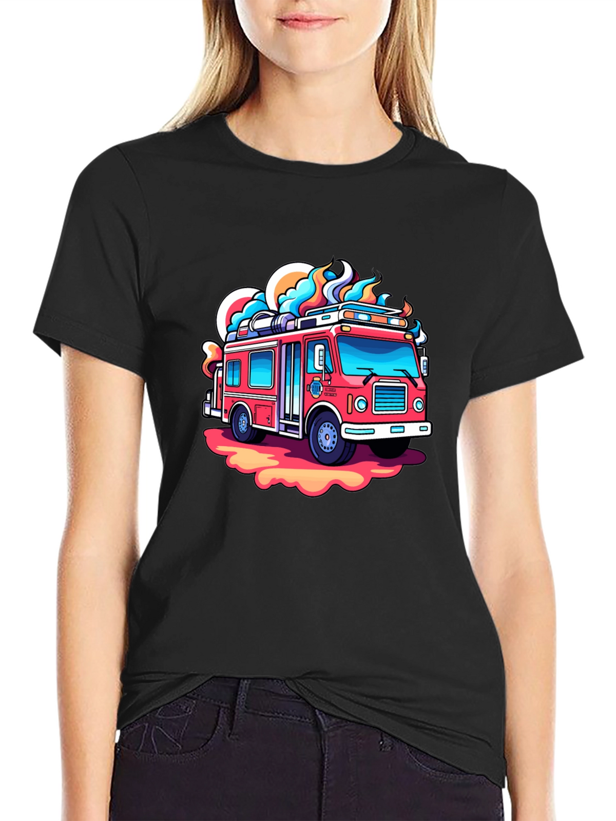 Cartoon Firetruck Graphic Tee - Black Cotton Shirt