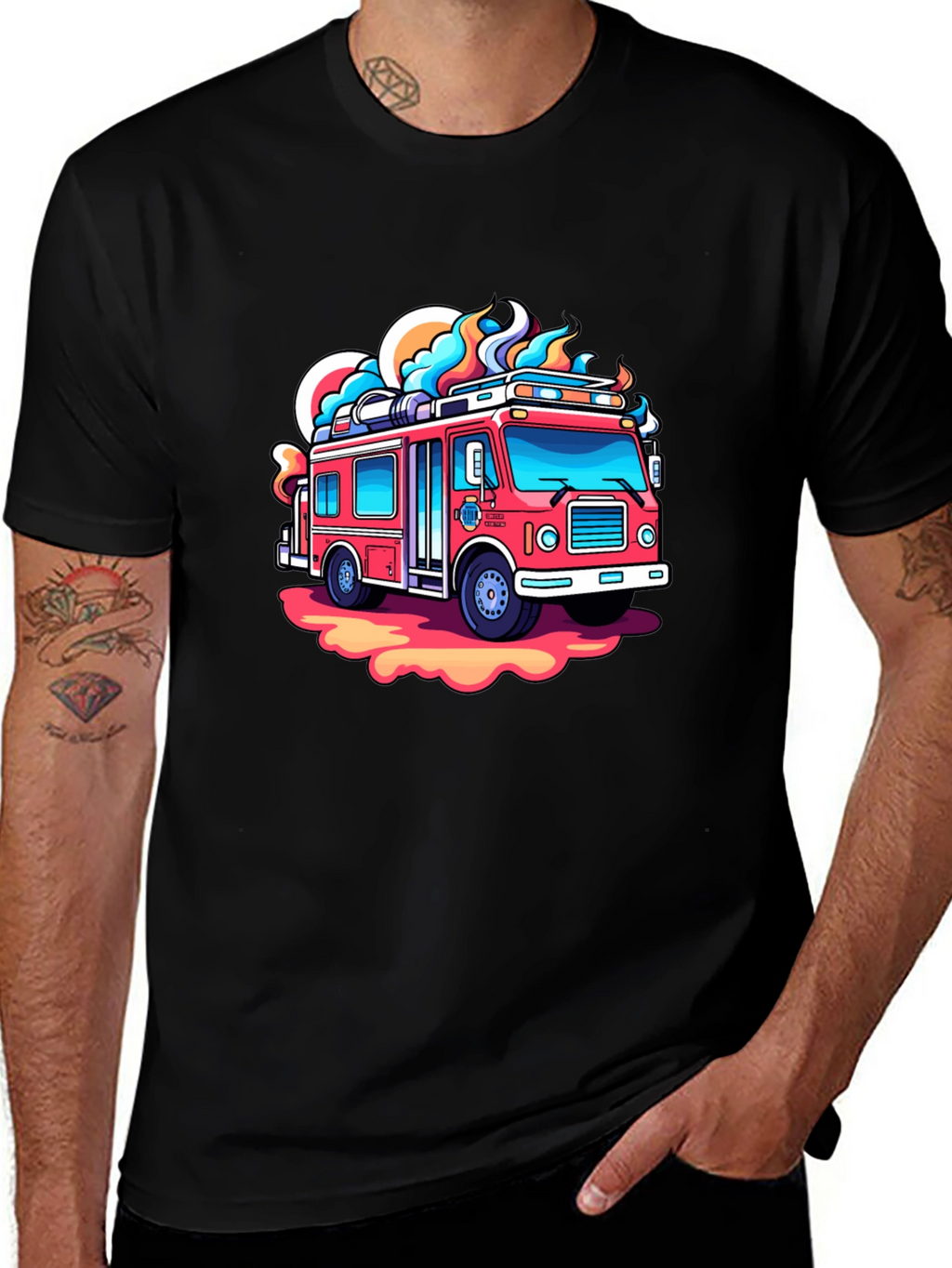 Cartoon Firetruck Graphic Tee - Black Cotton Shirt