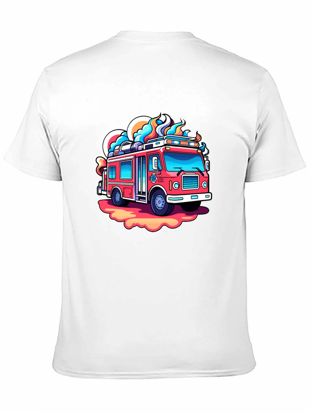 Cartoon Firetruck Graphic Tee - Black Cotton Shirt