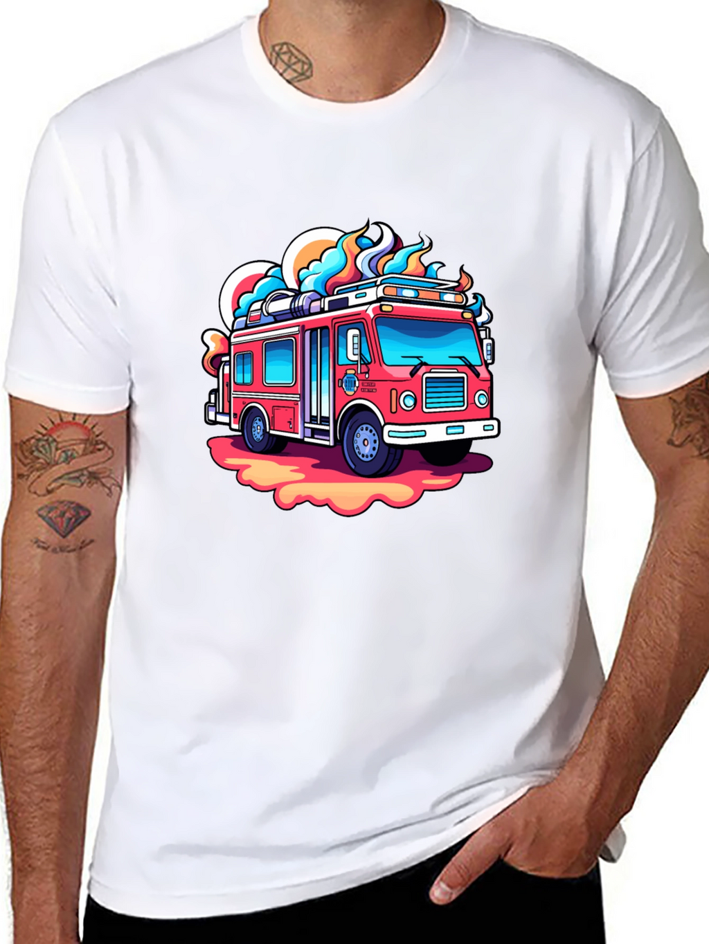 Cartoon Firetruck Graphic Tee - Black Cotton Shirt