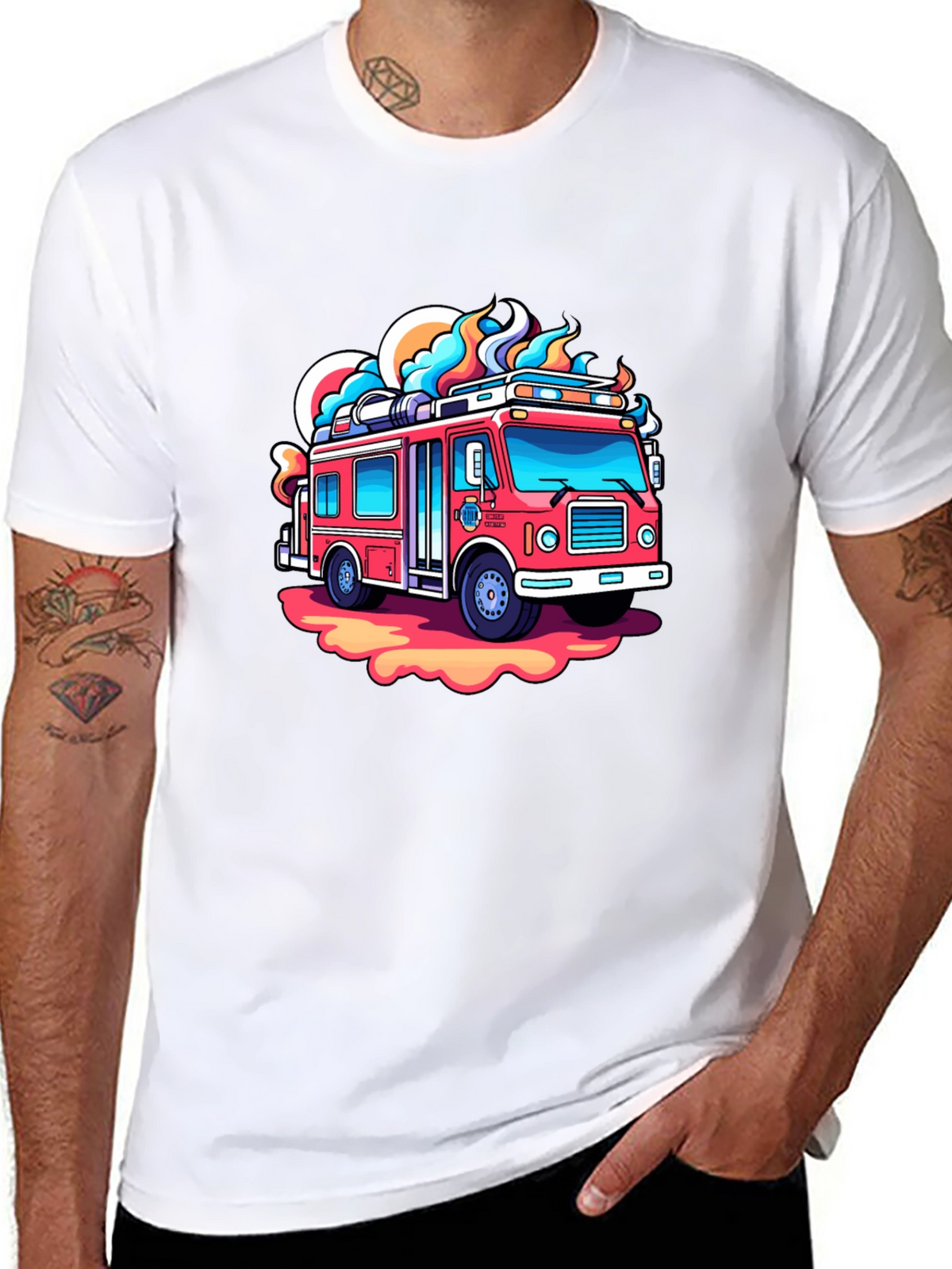 Cartoon Firetruck Graphic Tee - Black Cotton Shirt
