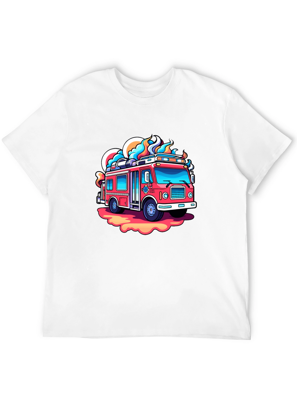 Cartoon Firetruck Graphic Tee - Black Cotton Shirt