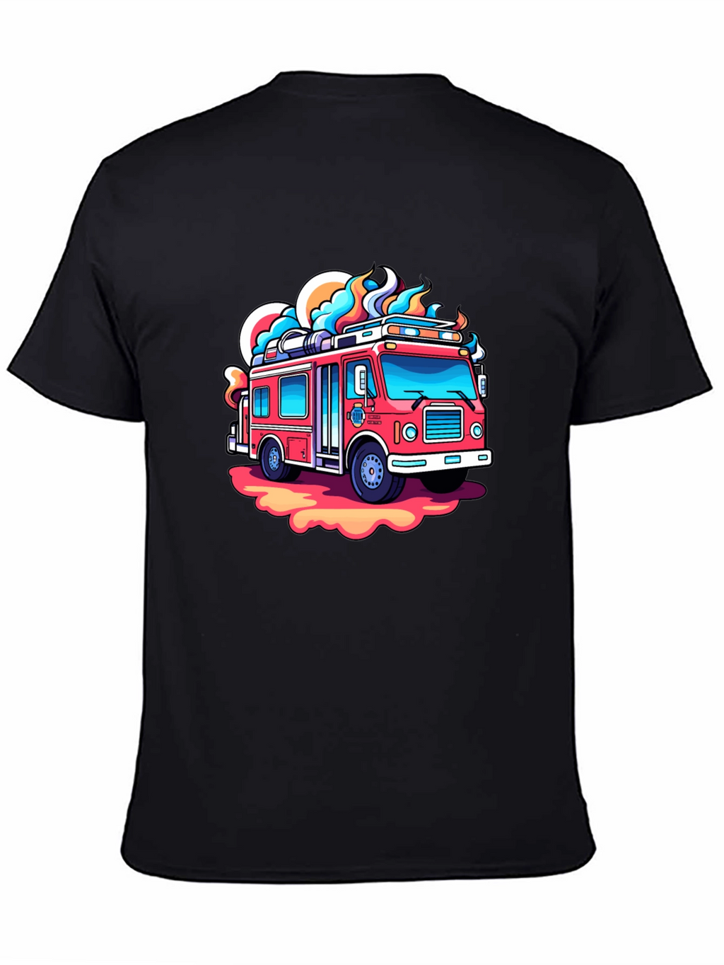 Cartoon Firetruck Graphic Tee - Black Cotton Shirt