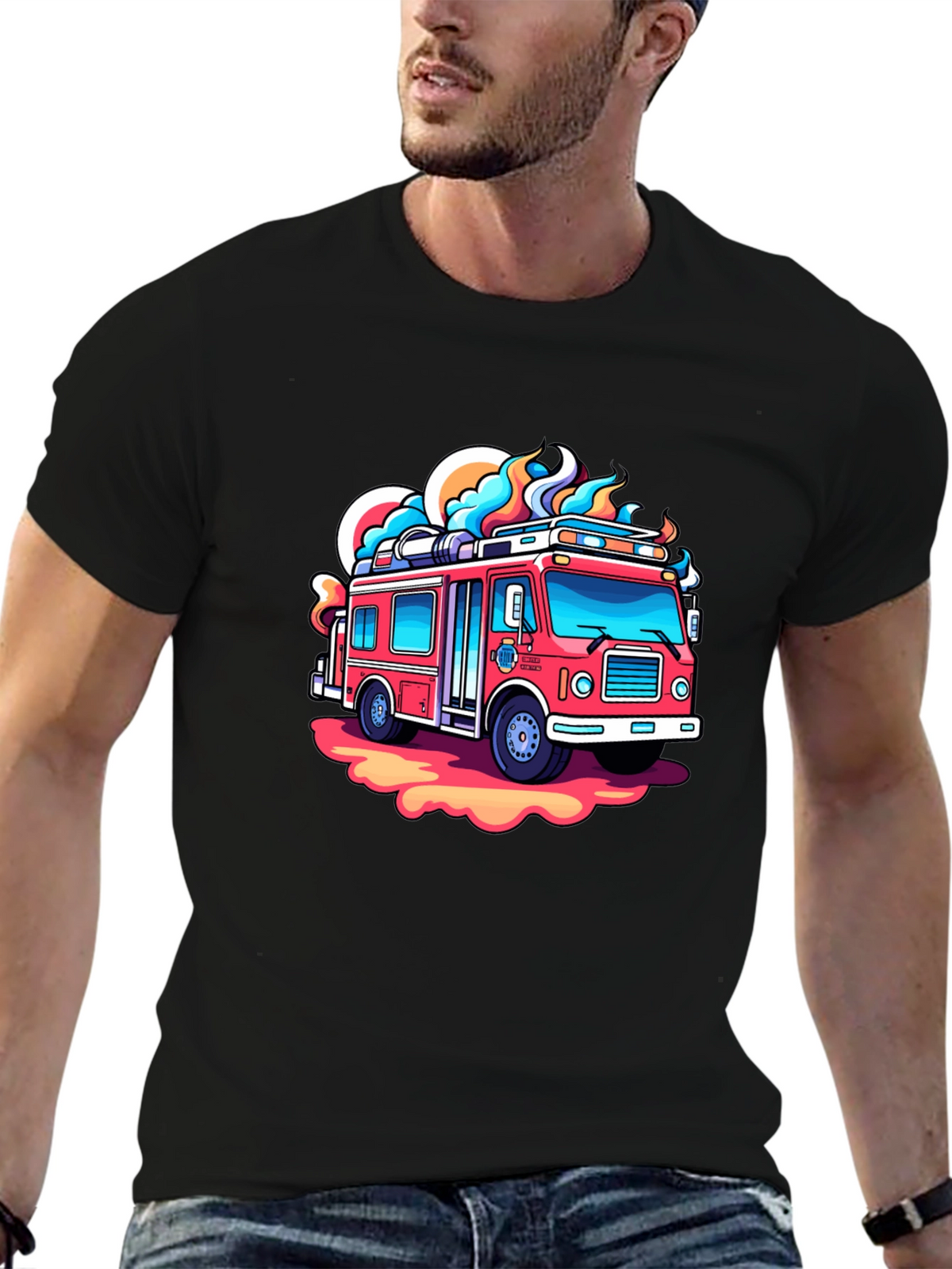 Cartoon Firetruck Graphic Tee - Black Cotton Shirt
