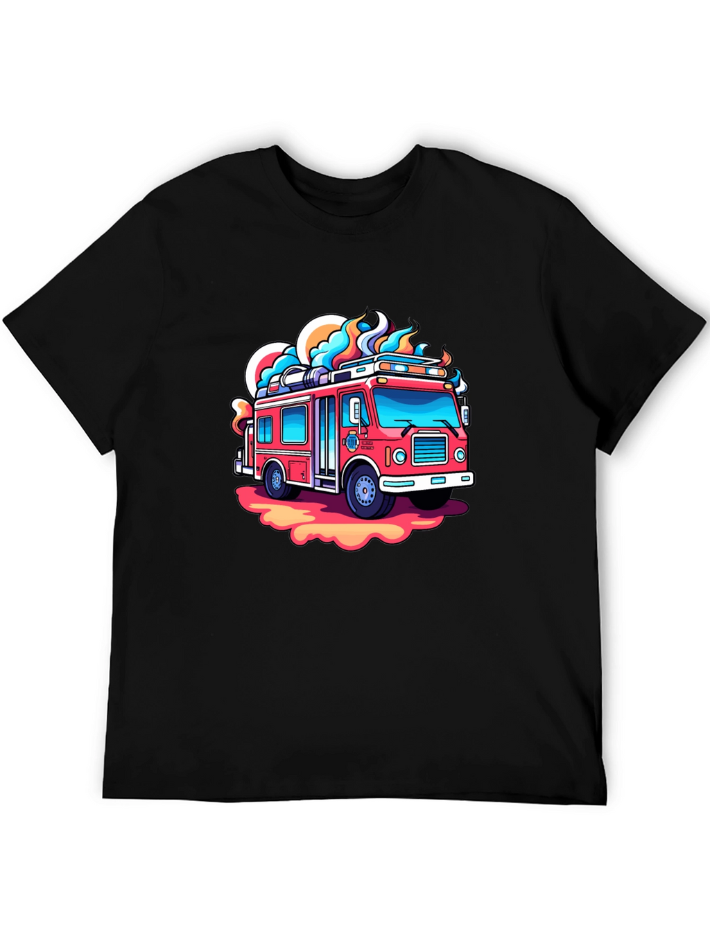 Cartoon Firetruck Graphic Tee - Black Cotton Shirt