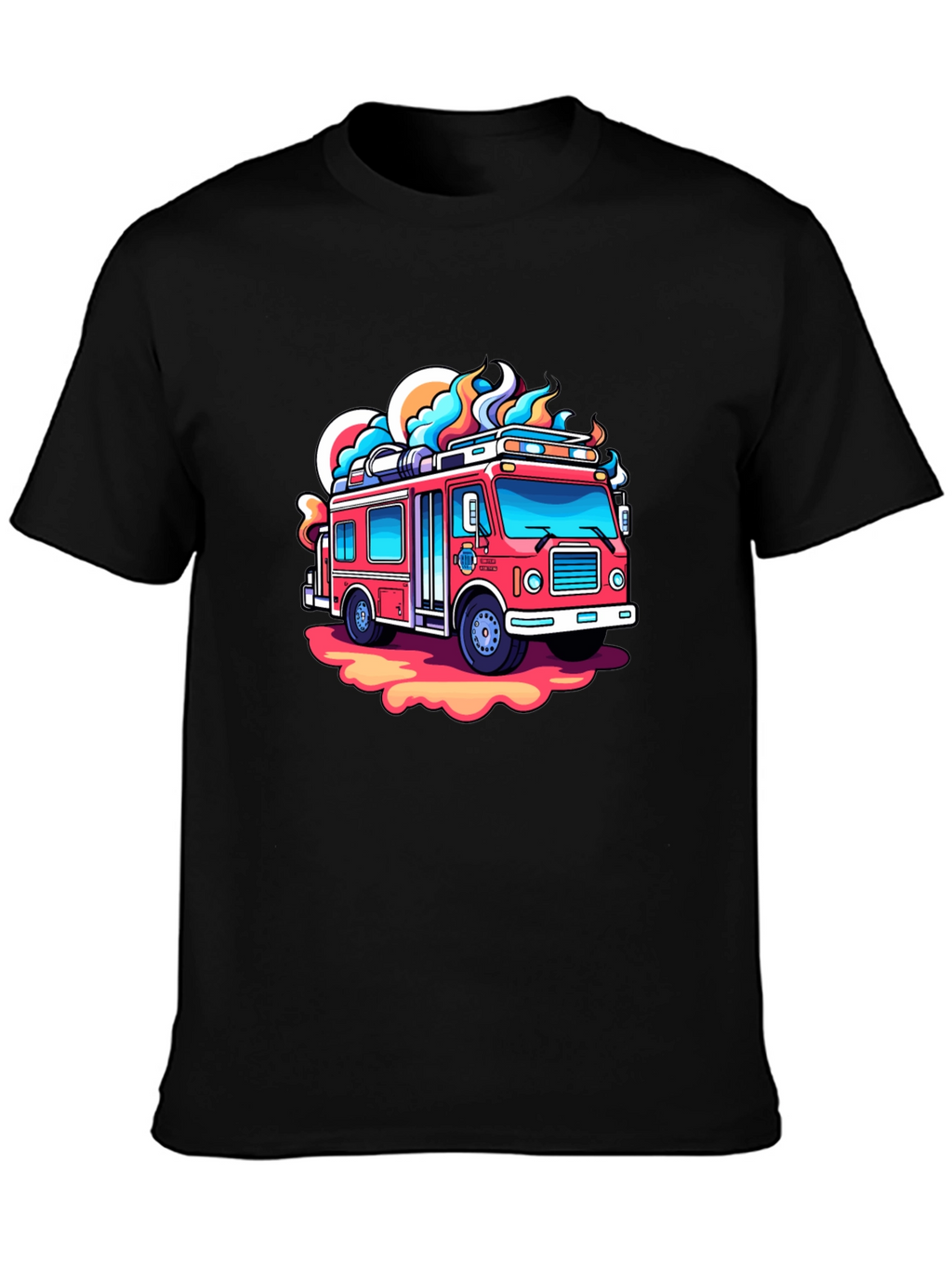 Cartoon Firetruck Graphic Tee - Black Cotton Shirt