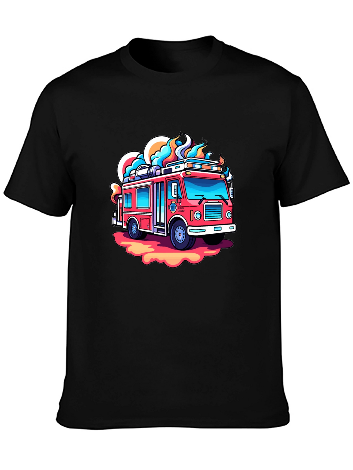 Cartoon Firetruck Graphic Tee - Black Cotton Shirt