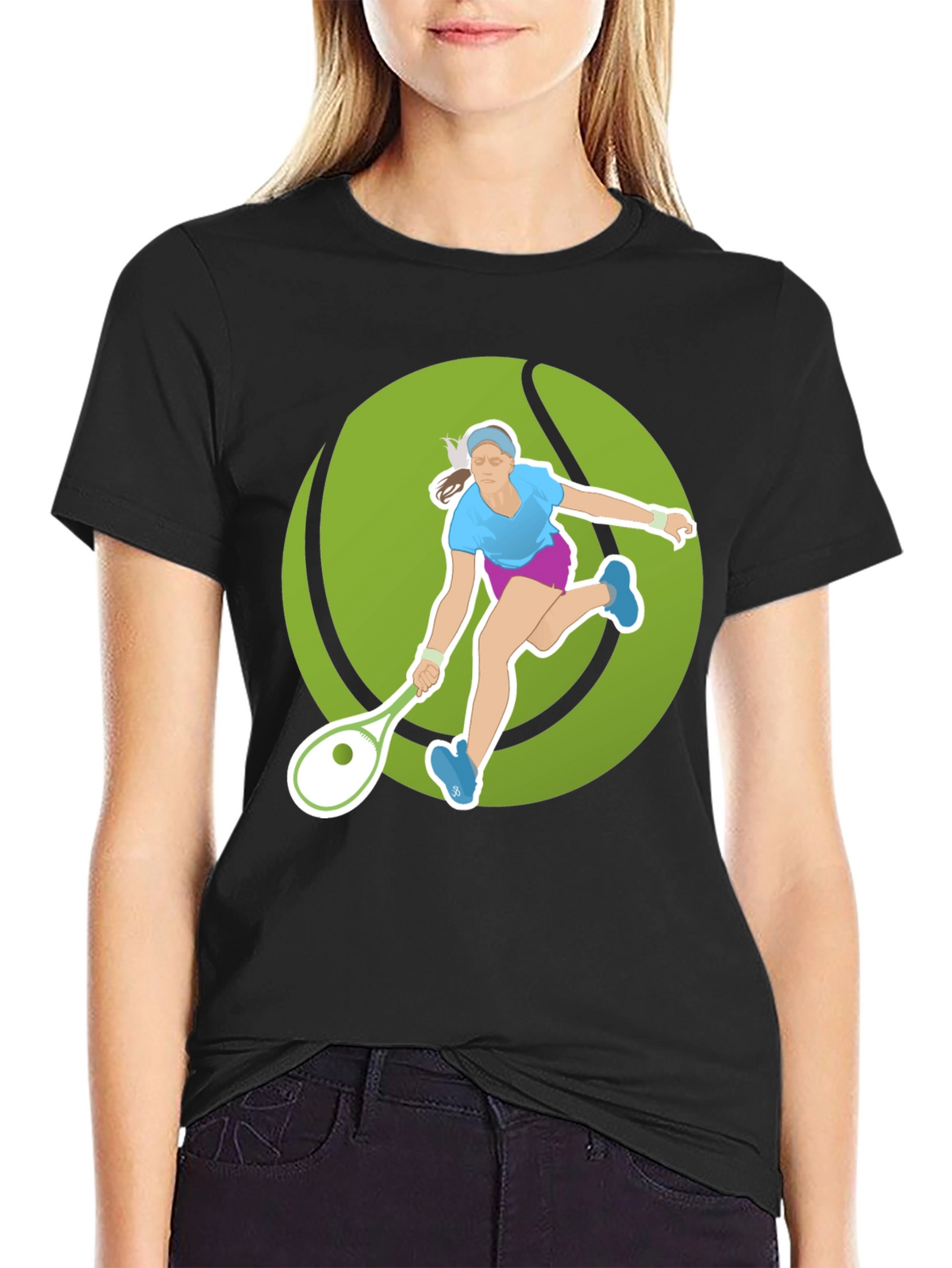 Tennis Player Graphic Tee - Black Cotton Blend