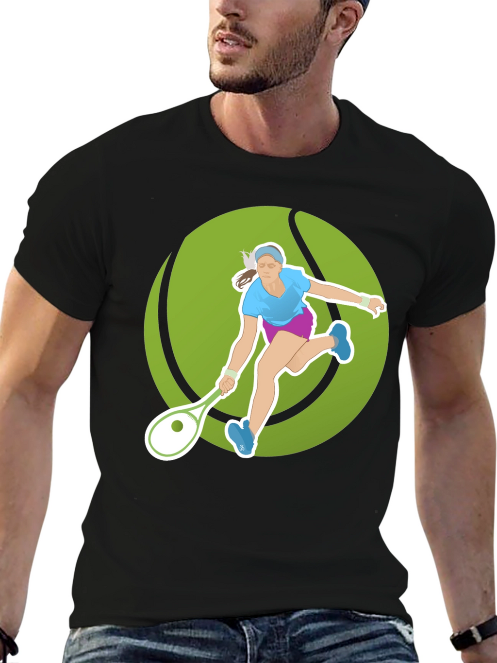 Tennis Player Graphic Tee - Black Cotton Blend