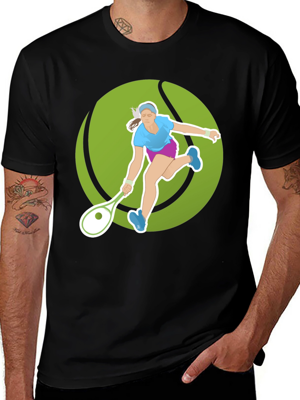 Tennis Player Graphic Tee - Black Cotton Blend