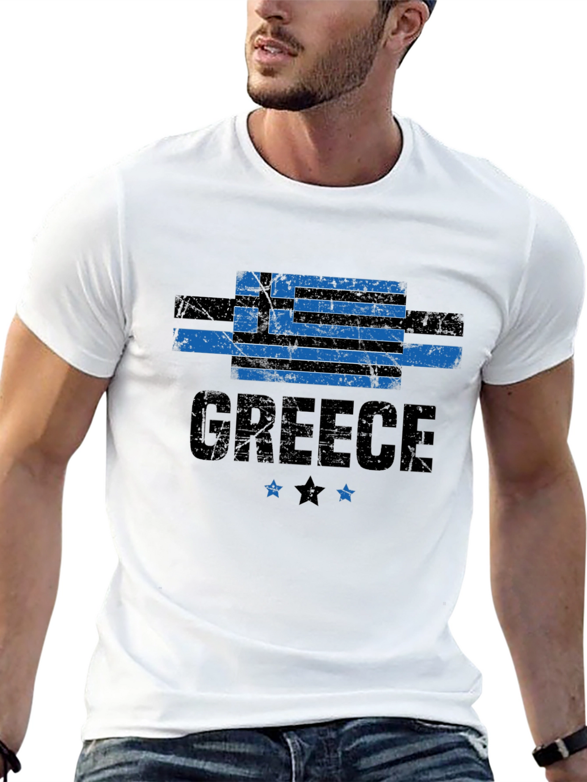 Greece Flag T-Shirt - Black Distressed Look