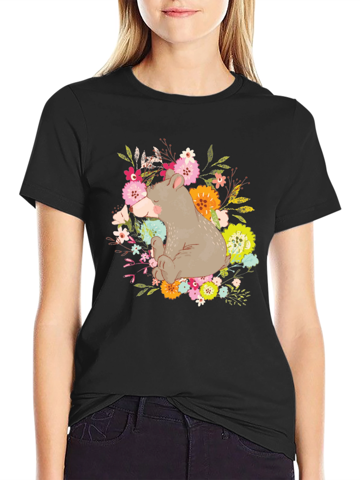 Bear and Floral Design T-Shirt