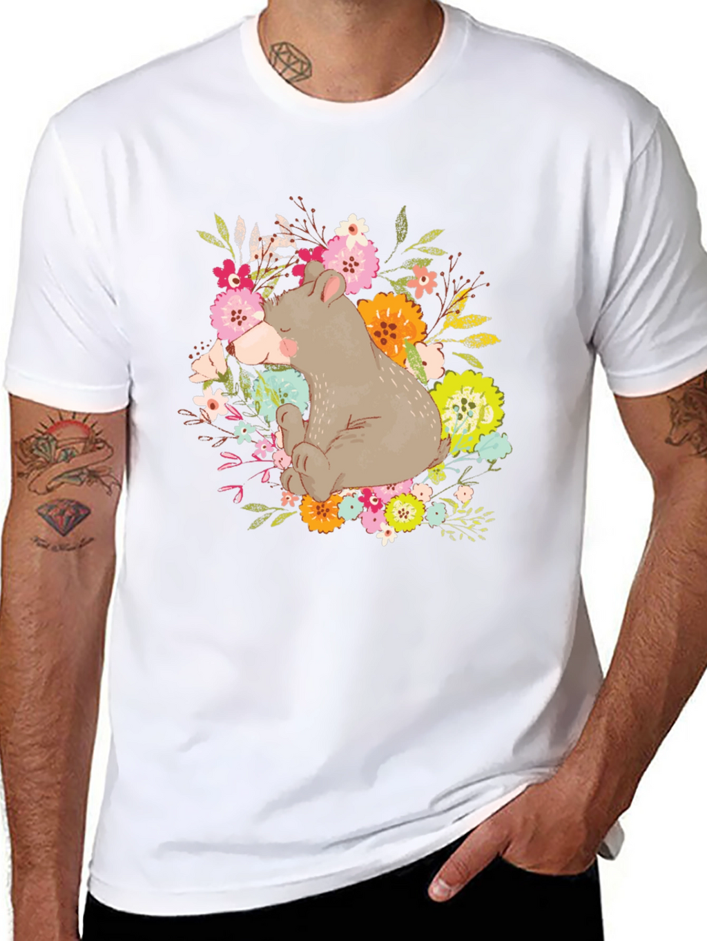 Bear and Floral Design T-Shirt