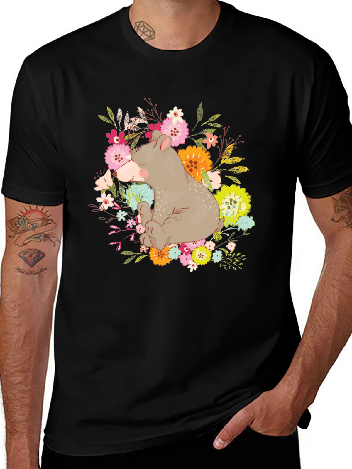 Bear and Floral Design T-Shirt