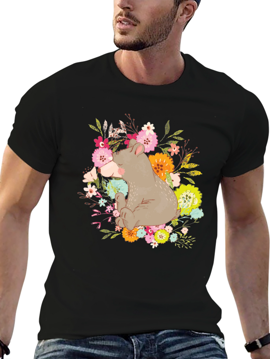 Bear and Floral Design T-Shirt