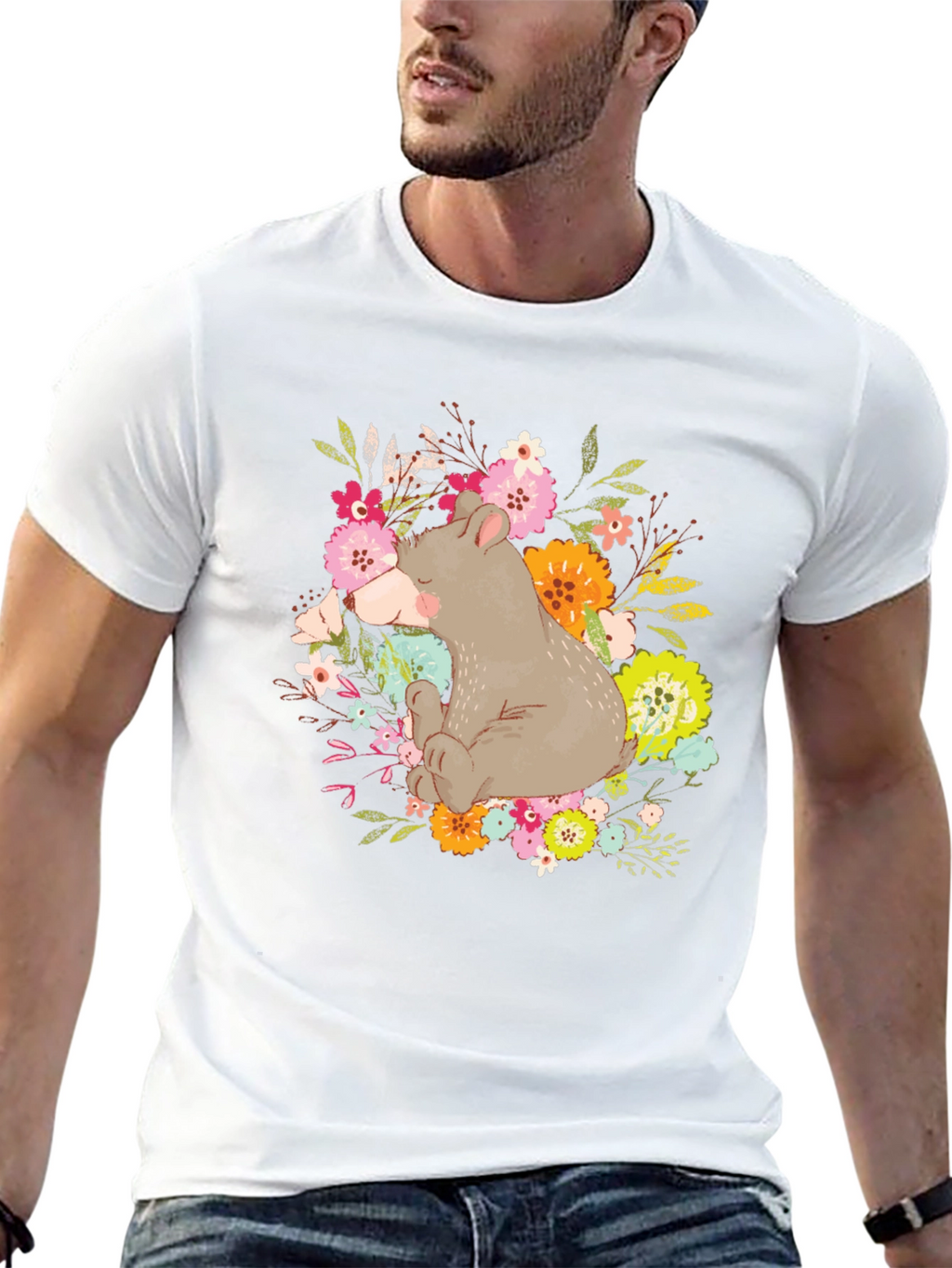 Bear and Floral Design T-Shirt