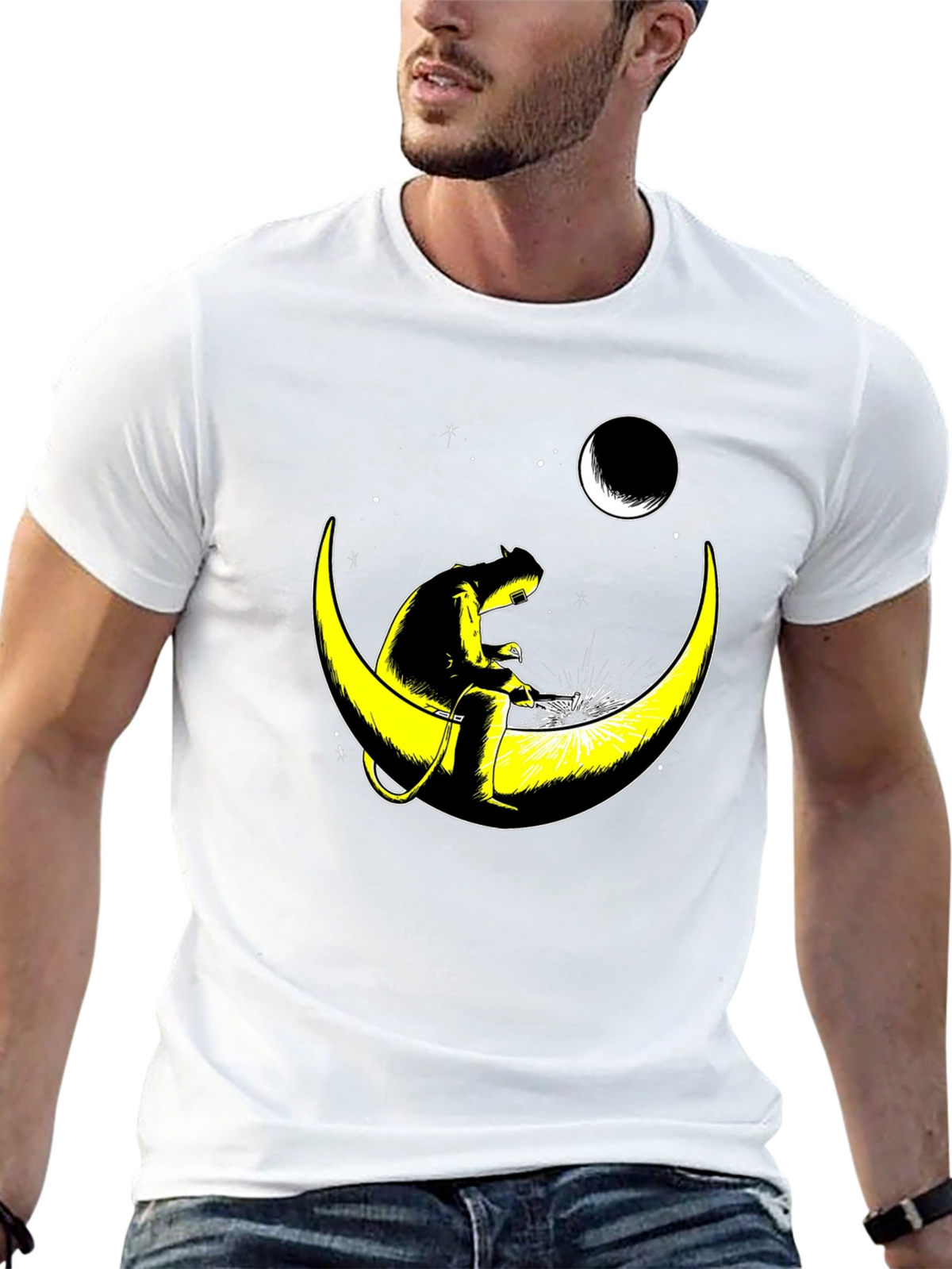 Welder Cat on Moon Graphic T-Shirt