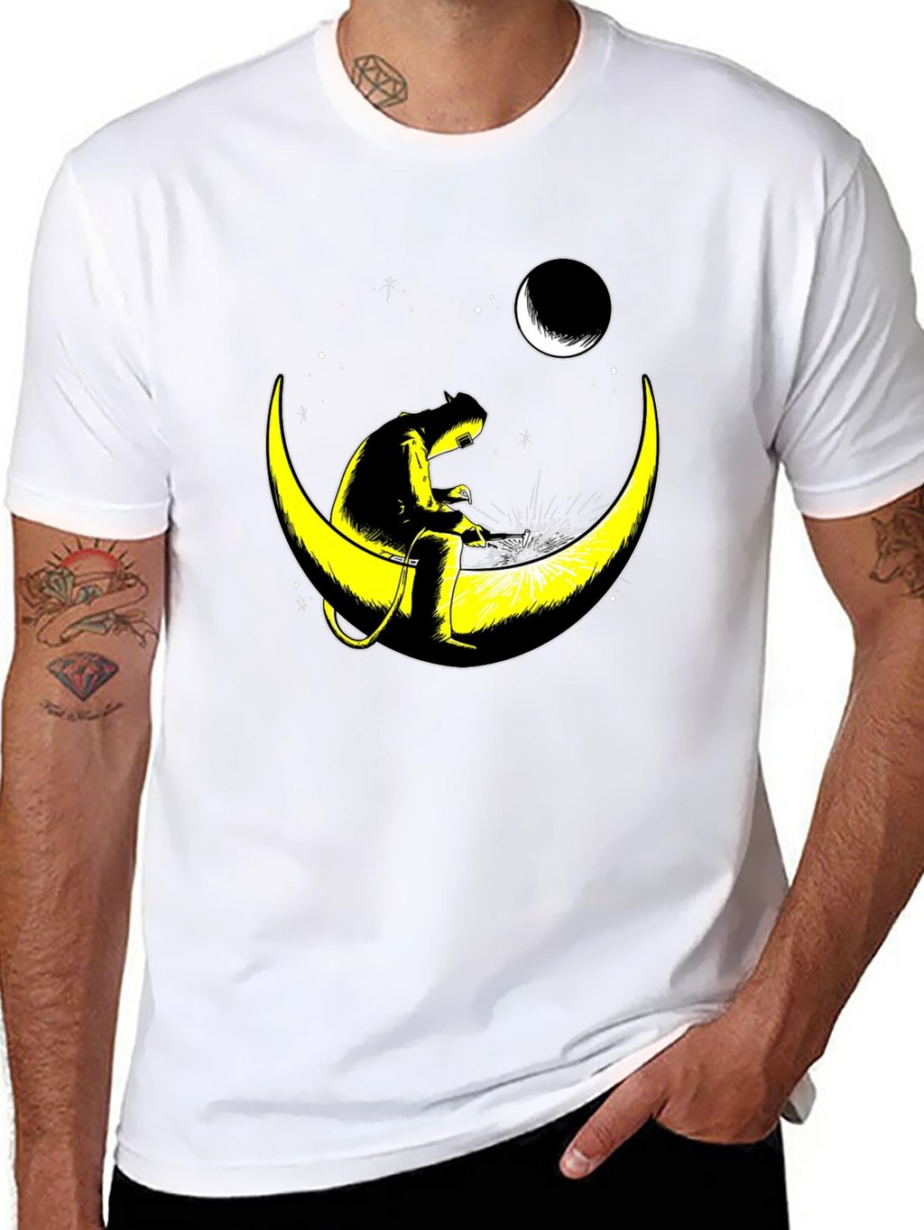 Welder Cat on Moon Graphic T-Shirt