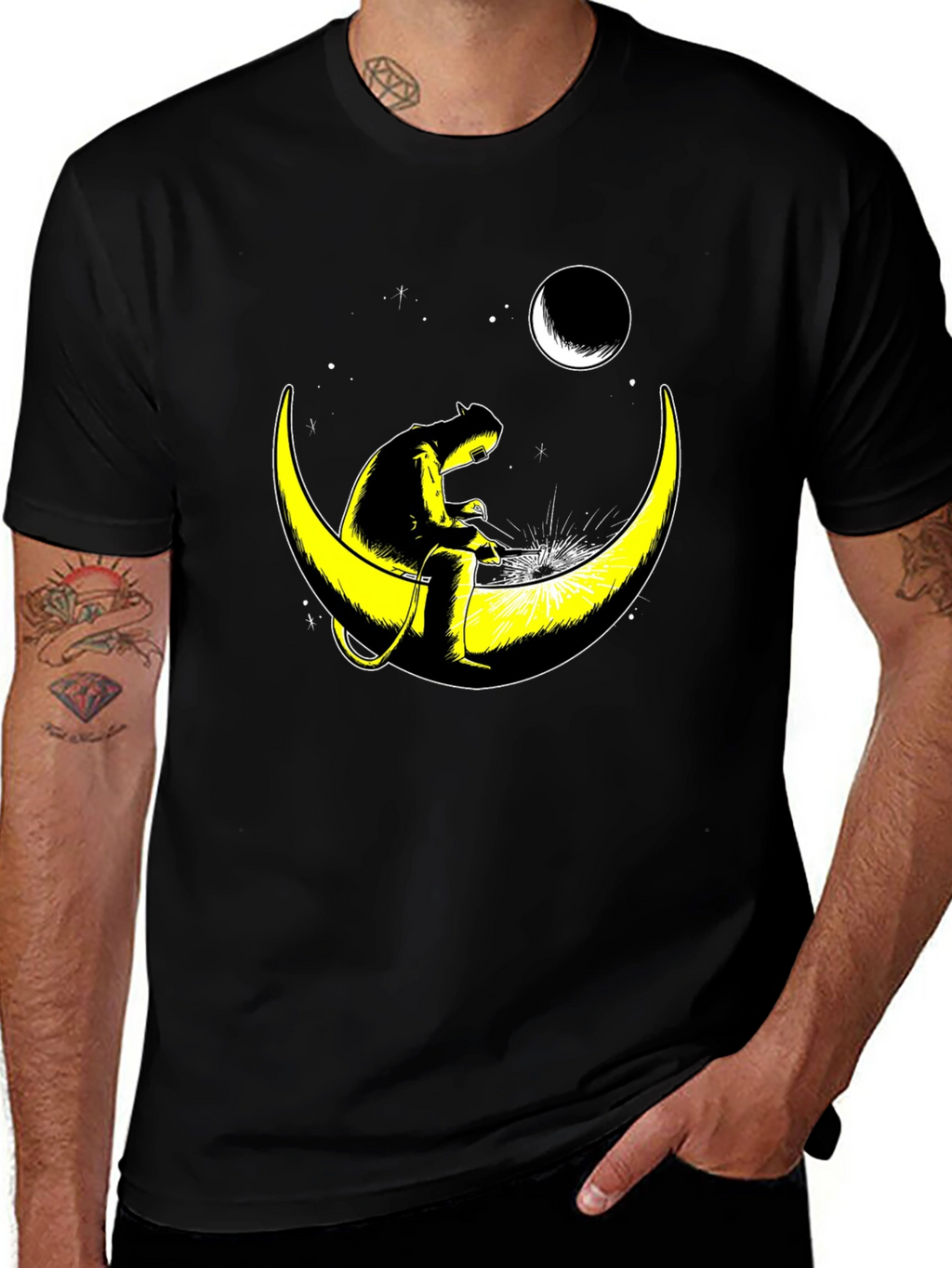 Welder Cat on Moon Graphic T-Shirt