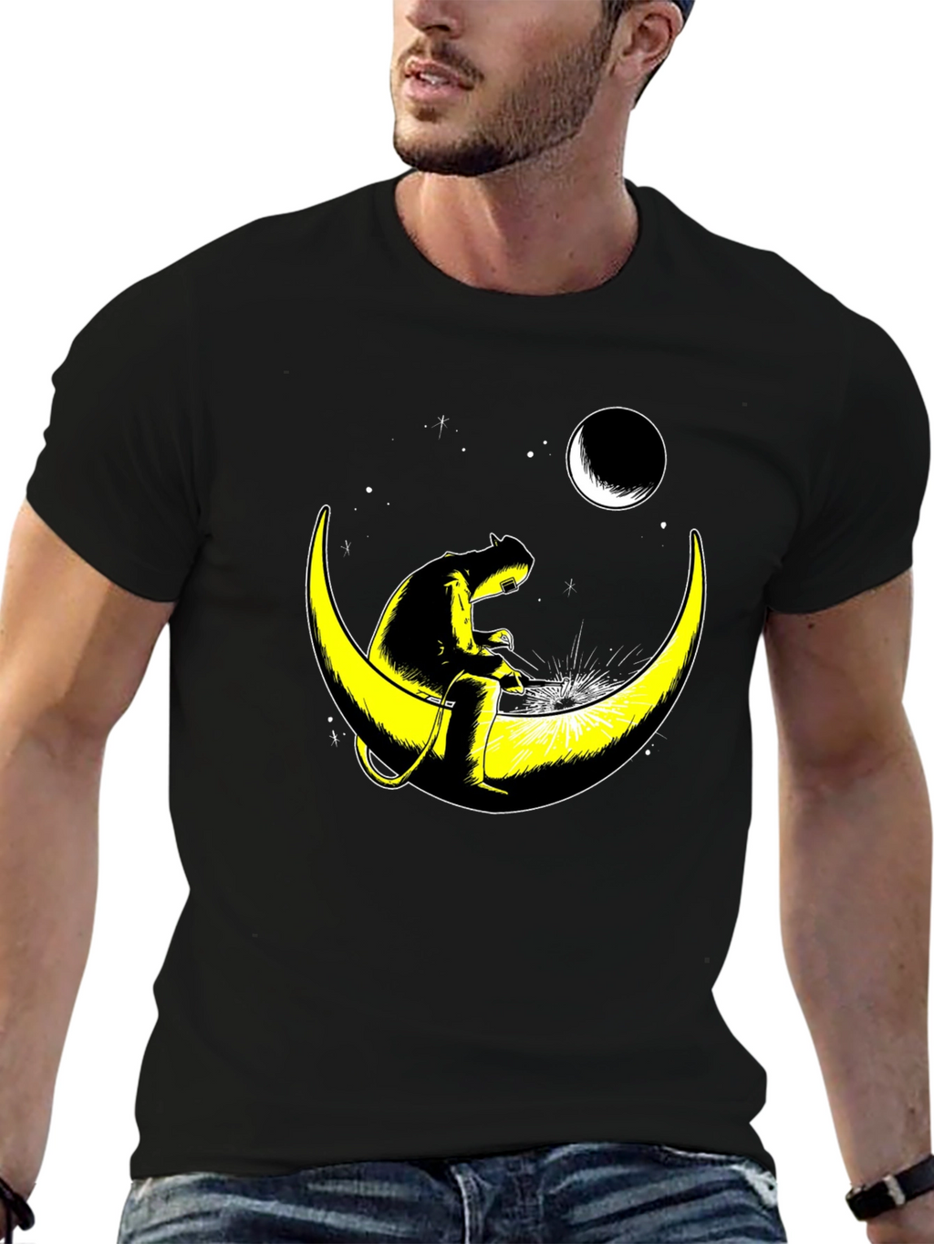 Welder Cat on Moon Graphic T-Shirt