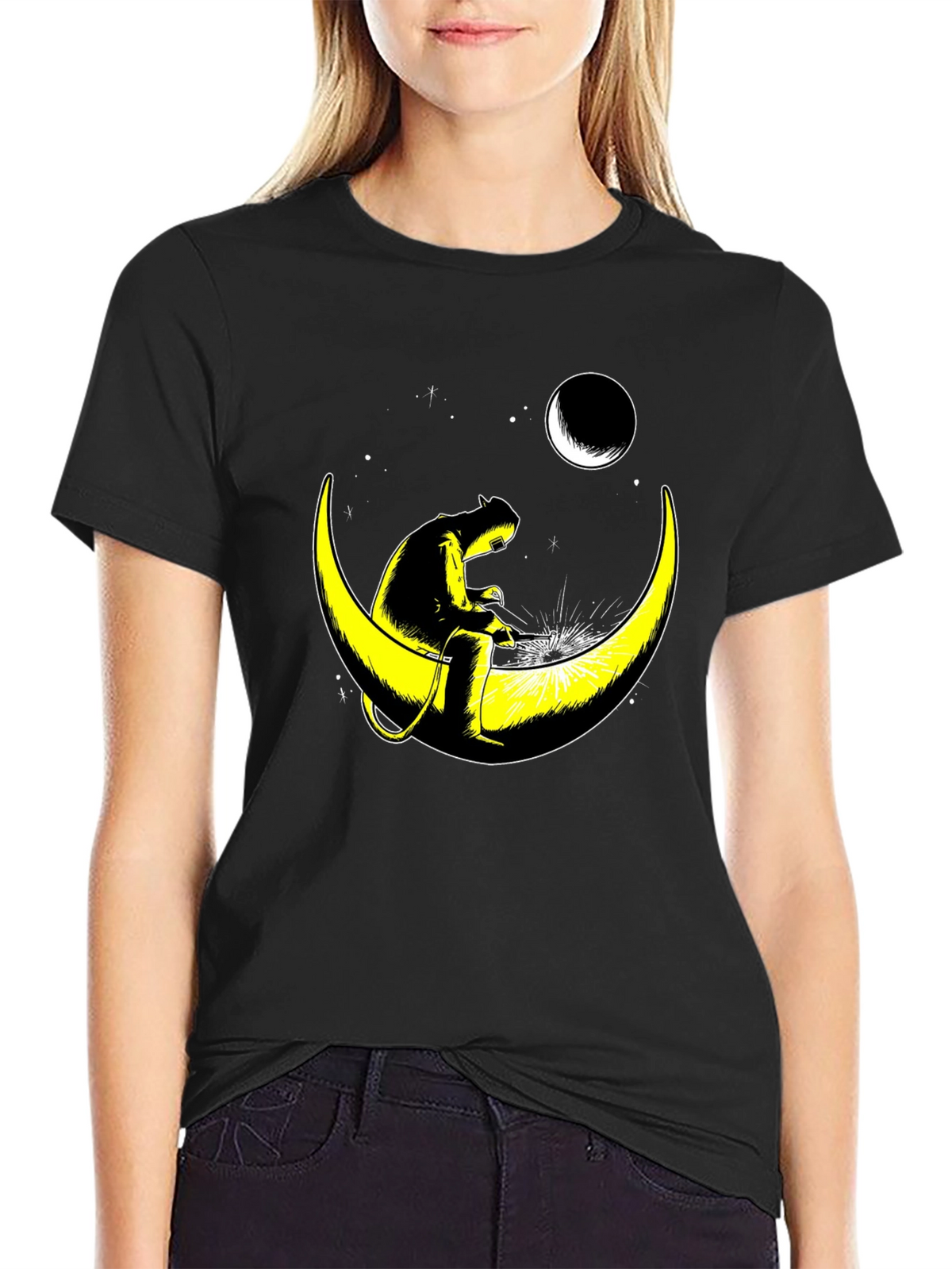 Welder Cat on Moon Graphic T-Shirt