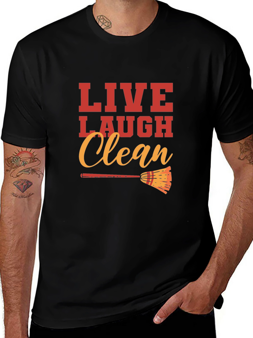 Live Laugh Clean Graphic Black T-Shirt
