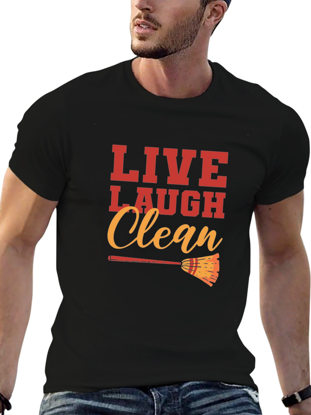 Live Laugh Clean Graphic Black T-Shirt
